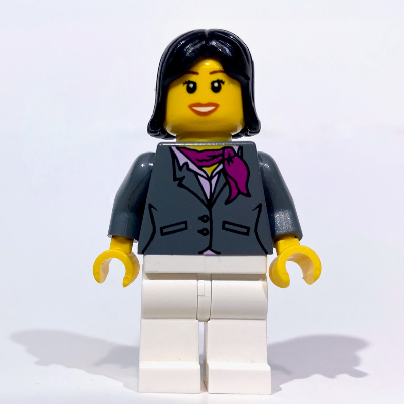 Femme, veste gris bleuté foncé avec écharpe magenta, jambes blanches, cheveux noirs (Woman, Dark Bluish Gray Jacket with Magenta Scarf, White Legs, Black Hair)