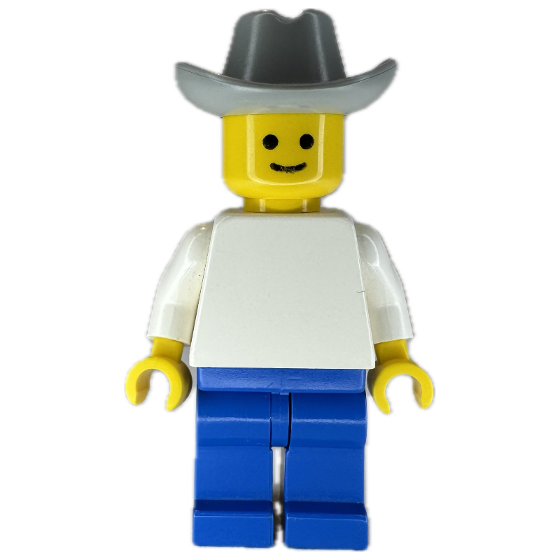 Homme, torse blanc uni, jambes bleues, chapeau de cowboy gris clair (Man, Plain White Torso, Blue Legs, Light Gray Cowboy Hat)
