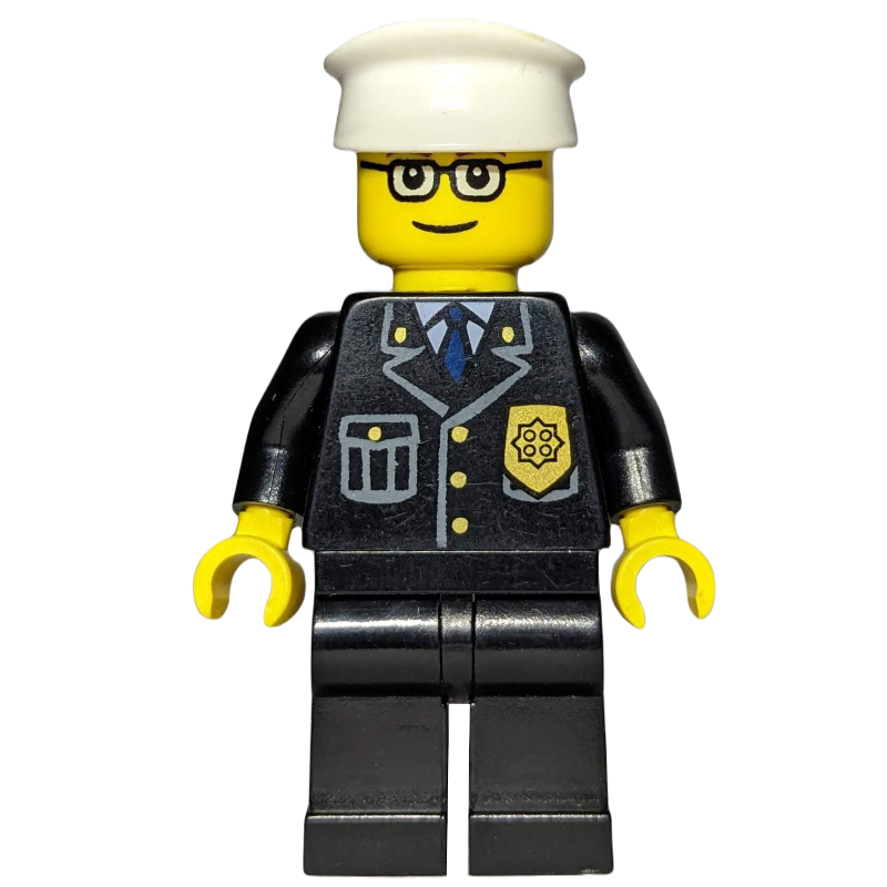 Policier, veste noire avec poche et insigne, chapeau blanc, lunettes (Policeman, Black Jacket with Pocket and Badge, White Hat, Glasses)