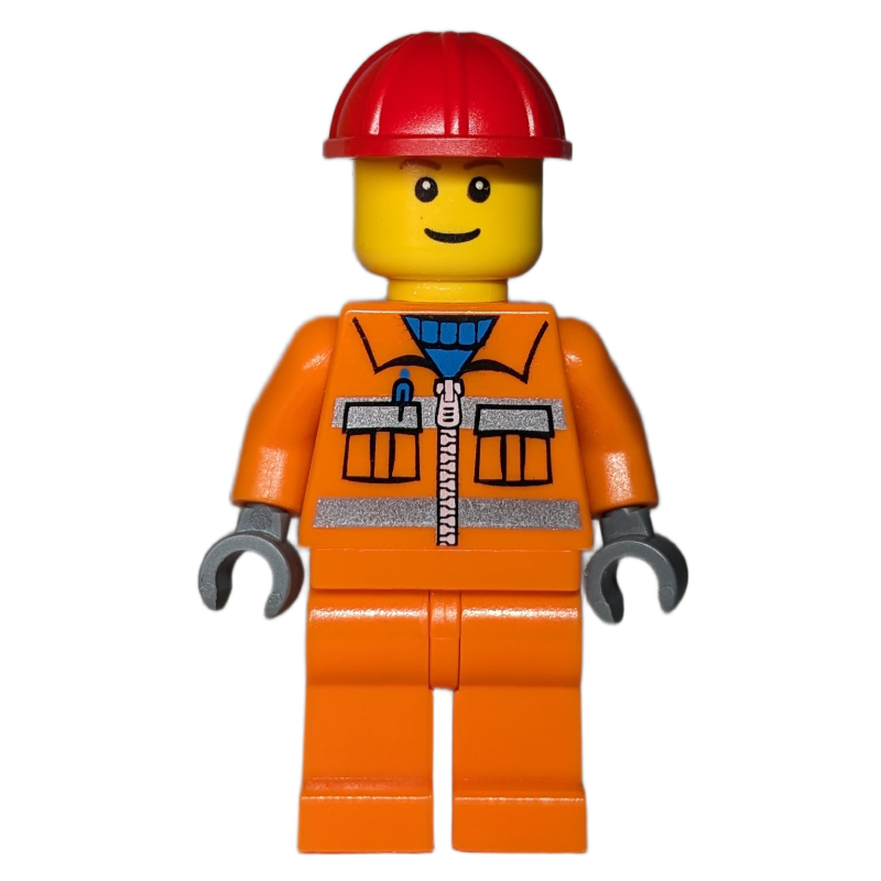 Ouvrier de chantier, veste orange avec fermeture à glissière et rayures réfléchissantes, jambes orange, casque de chantier rouge, sourcils bruns (Construction Worker, Orange Jacket with Zipper and Reflective Stripes, Orange Legs, Red Hard Hat, Brown Eyebrows)