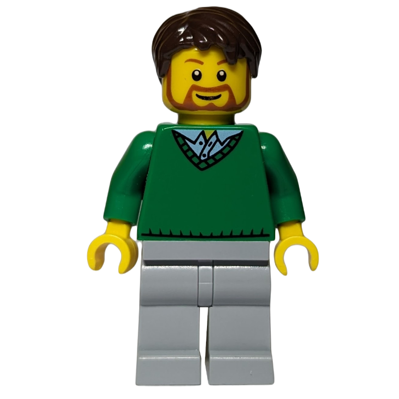 Homme, chandail vert à col en V, jambes gris bleuté clair, barbe (Man, Green V-Neck Sweater, Light Bluish Gray Legs, Beard)