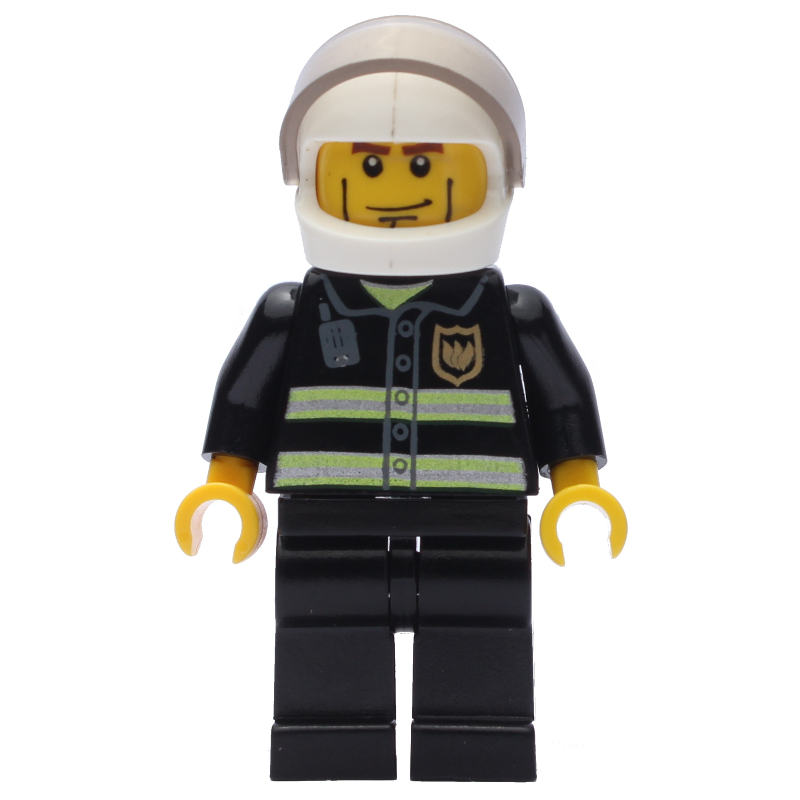 Pompier, veste de feu noir avec bandes réfléchissantes, radio et badge, casque blanc avec visière, lignes de joues (Fireman, Black Fire Jacket with Reflective Stripes, Radio, and Badge, White Helmet with Visor, Cheek Lines)