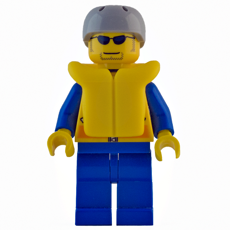 Garde-côte, veste jaune avec fermeture à glissière, radio et badge, casque gris bleuté clair, gilet de sauvetage jaune, lunettes de soleil (Coast Guard, Yellow Jacket with Zipper, Radio and Badge, Light Bluish Gray Helmet, Yellow Life Vest, Sunglasses)