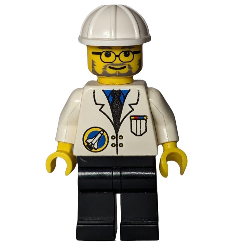 Space port ground grandi, veste blanche, jambes noires, casque de chantier blanc, barbe et lunettes (Space Port Ground Grew, White Jacket, Black Legs, White Hard Hat, Beard and Glasses)