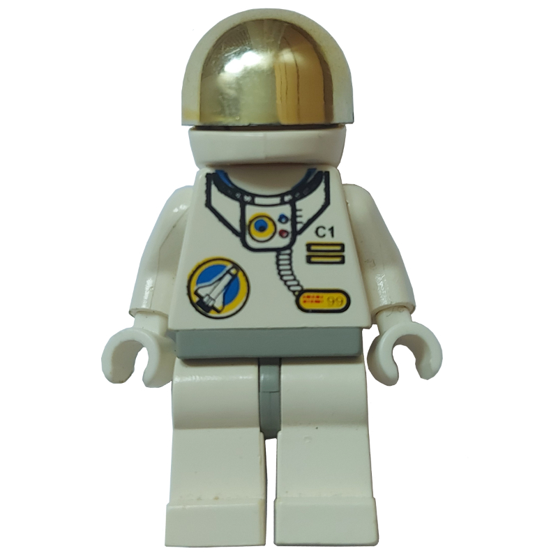Astronaute, blanc, hanches gris clair, casque avec grande visière en or chromé, micro-casque (Astronaut, White, Light Gray Hips, Helmet with Large Chrome Gold Visor, Headset)