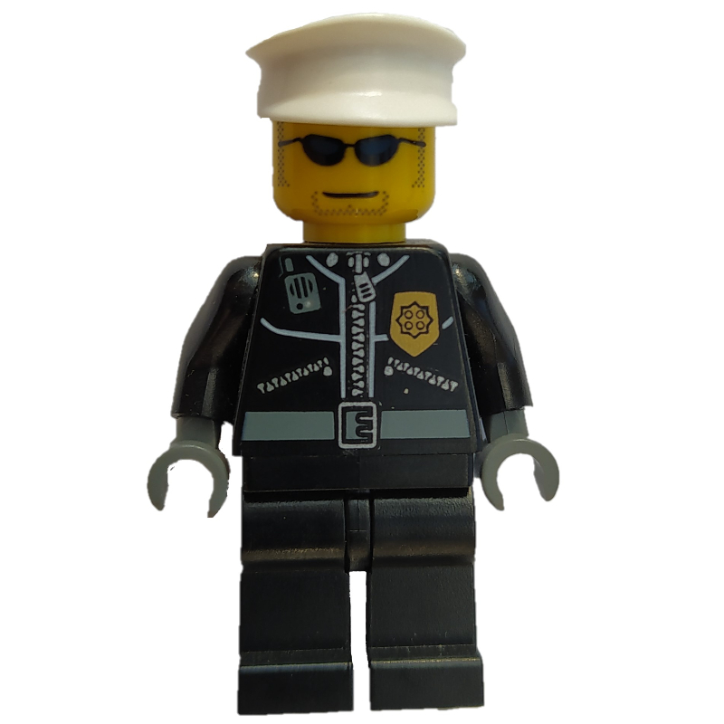 Policier, veste noire avec fermeture éclair, radio, et badge, chapeau blanc, lunettes de soleil (Policeman, Black Jacket with Zipper, Radio, and Badge, White Hat, Sunglasses)