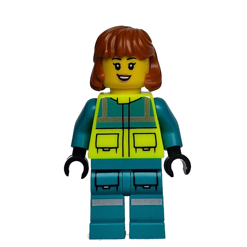 Secouriste, gilet de sécurité jaune vif, jambes turquoise foncé, cheveux orange foncé (Paramedic, Vibrant Yellow Safety Vest, Dark Turquoise Legs, Dark Orange Hair)