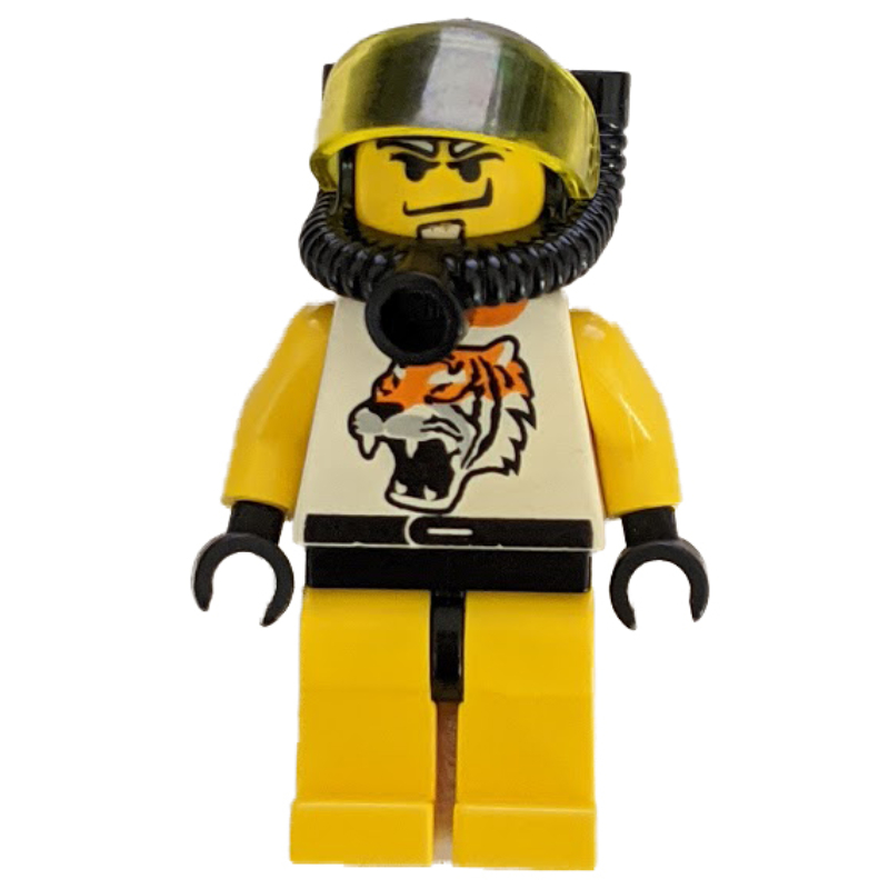 Pilote de course, tenue jaune et blanche avec tigre, casque de plongée noir avec visière (Racer, Yellow and White Outfit with Tiger, Black Diving Helmet with Visor)