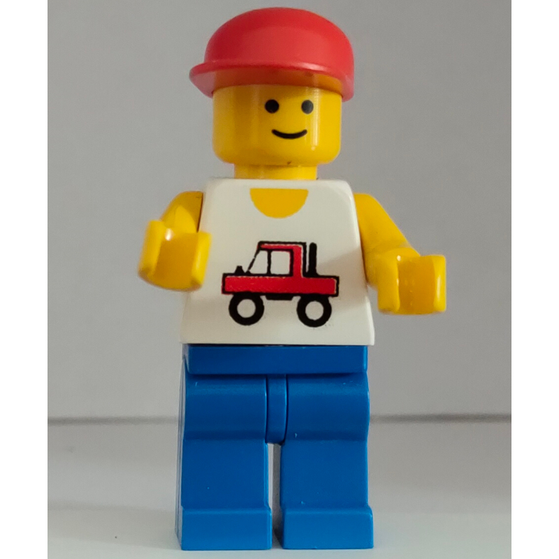 Homme, gilet blanc avec camion, jambes bleues, casquette rouge (3626a tête) (Man, White Vest with Truck, Blue Legs, Red Cap (3626a Head))