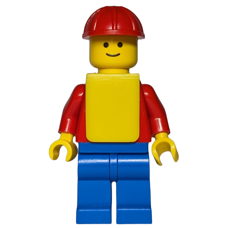 Ouvrier de chantier, torse rouge, jambes bleues, casque de chantier rouge, gilet jaune (Construction Worker, Red Torso, Blue Legs, Red Hard Hat, Yellow Vest)