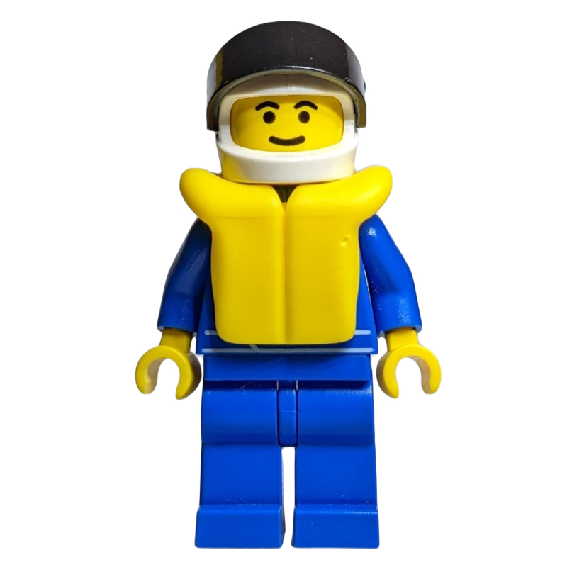 Pilote de course, combinaison bleue avec logo Octan, casque blanc avec visière, gilet de sauvetage jaune (Racer, Blue Jumpsuit with Octan Logo, White Helmet with Visor, Yellow Life Vest)