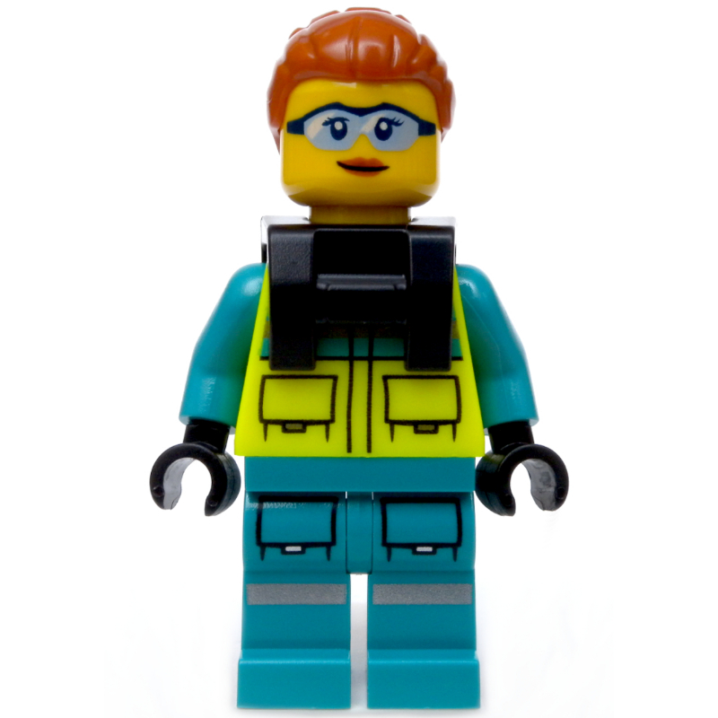 Secouriste, gilet de sécurité jaune vif, jambes turquoise foncé, cheveux orange foncé, lunettes de sécurité (Paramedic, Vibrant Yellow Safety Vest, Dark Turquoise Legs, Dark Orange Hair, Safety Glasses)