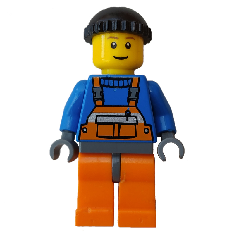 Ouvrier — torse bleu, salopette orange, casquette noire (Worker - Blue Torso, Orange Overall, Black Cap)