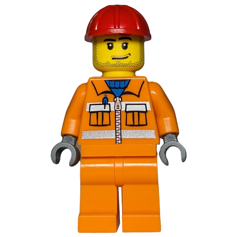 Ouvrier de chantier, veste orange avec fermeture à glissière et rayures réfléchissantes, casque de chantier rouge, barbe naissante (Construction Worker, Orange Jacket with Zipper and Reflective Stripes, Red Hard Hat, Stubble)