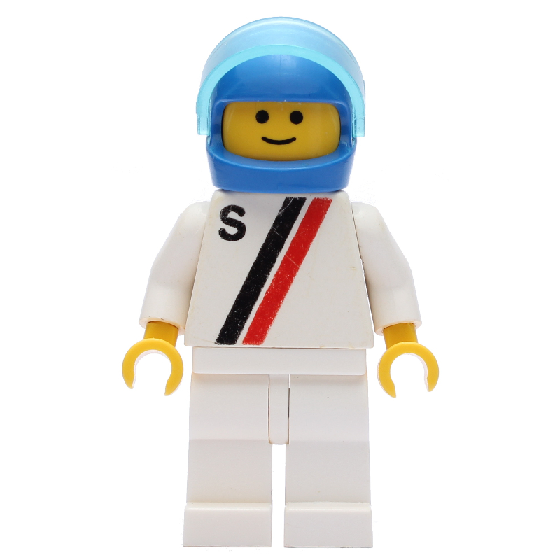 Pilote de course, chemise blanche à deux rayures et 'S', jambes blanches, casque bleu avec visière (Racer, White Shirt with Two Stripes and 'S', White Legs, Blue Helmet with Visor)