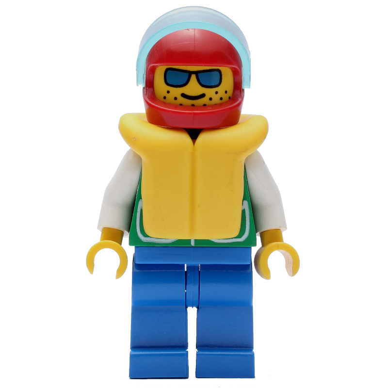 Homme, veste verte, jambes bleues, casque rouge avec visière, gilet de sauvetage jaune, lunettes de soleil bleues (Man, Green Jacket, Blue Legs, Red Helmet with Visor, Yellow Life Vest, Blue Sunglasses)