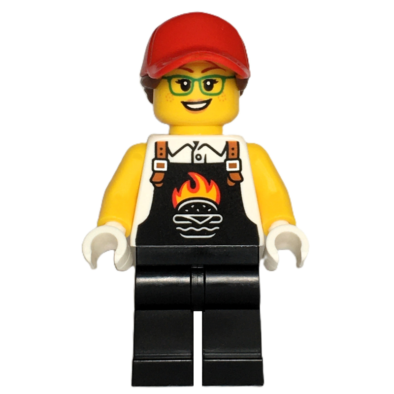 Cuisinier, tablier noir avec hamburger flamboyant, jambes noires, casquette rouge, lunettes (Chef, Black Apron with Flaming Burger, Black Legs, Red Cap, Glasses)