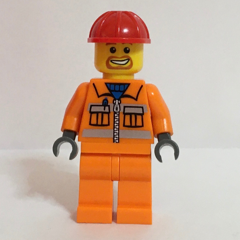 Ouvrier de chantier, veste orange avec fermeture à glissière et rayures réfléchissantes, casque de chantier rouge, bouc (Construction Worker, Orange Jacket with Zipper and Reflective Stripes, Red Hard Hat, Goatee Beard)