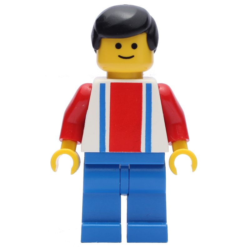Torse blanc de joueur de football avec des rayures bleues/rouges, jambes bleues, cheveux noirs (Soccer Player White Torso with Blue/Red Stripes, Blue Legs, Black Hair)