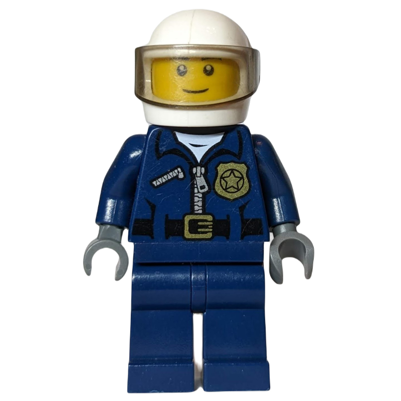 Policier, veste bleu foncé avec fermeture éclair, badge et 'POLICE' au dos, casque blanc avec visière (Policeman, Dark Blue Jacket with Zipper, Badge, and 'POLICE' on Back, White Helmet with Visor)