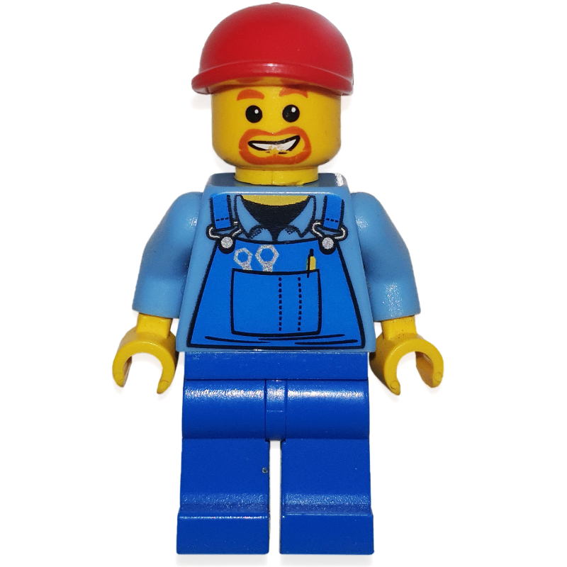 Homme, salopette bleue sur chemise, jambes bleues, casquette rouge, bouc (Man, Blue Overalls over Shirt, Blue Legs, Red Cap, Goatee Beard)