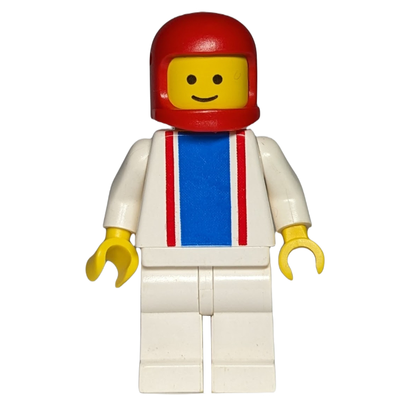 Homme, torse blanc avec rayures rouges et bleues, jambes blanches, casque rouge (Man, White Torso with Red and Blue Stripes, White Legs, Red Helmet)