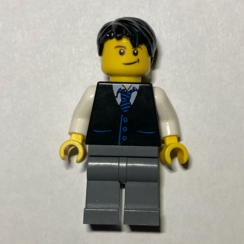 Homme, gilet noir et cravate, jambes gris bleuté foncé, cheveux noirs (Man, Black Vest and Tie, Dark Bluish Gray Legs, Black Hair)