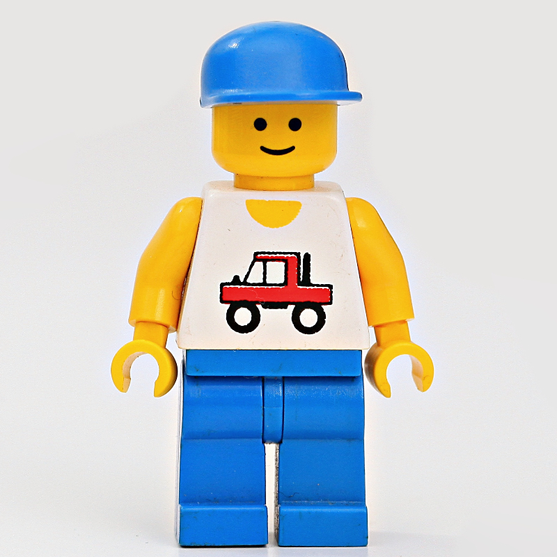 Homme, gilet blanc avec camion, jambes bleues, casquette bleue (3626a tête) (Man, White Vest with Truck, Blue Legs, Blue Cap (3626a Head))