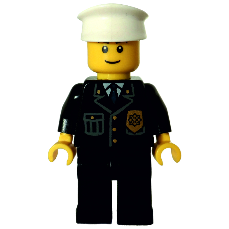 Policier, veste noire avec poche et badge, chapeau blanc, sourire, sourcils bruns (Policeman, Black Jacket with Pocket and Badge, White Hat, Smile, Brown Eyebrows)