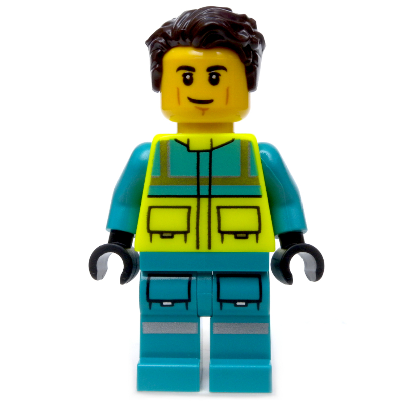 Secouriste, gilet de sécurité jaune vif, jambes turquoise foncé, cheveux brun foncé (Paramedic, Vibrant Yellow Safety Vest, Dark Turquoise Legs, Dark Brown Hair)