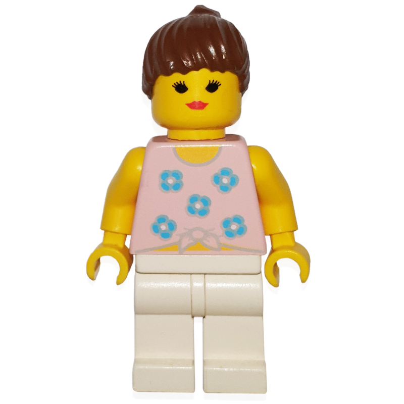 Femme, attaché débardeur rose avec des fleurs, jambes blanches, cheveux noirs (Woman, Tied Pink Tank Top with Flowers, White Legs, Black Hair)