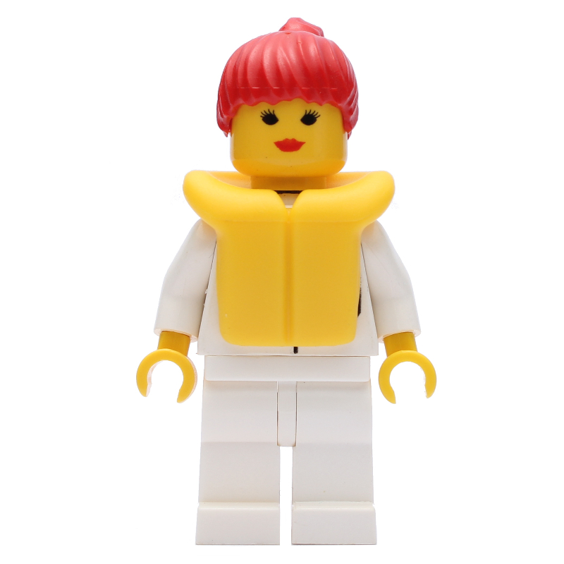 Femme, chemise blanche avec poches, jambes blanches, cheveux rouges, gilet de sauvetage jaune (Woman, White Shirt with Pockets, White Legs, Red Hair, Yellow Life Vest)
