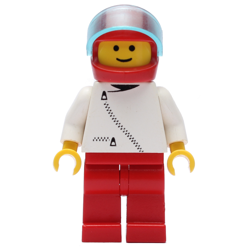 Homme, veste blanche avec fermeture éclair, jambes rouges, casque rouge avec visière (Man, White Jacket with Zipper, Red Legs, Red Helmet with Visor)