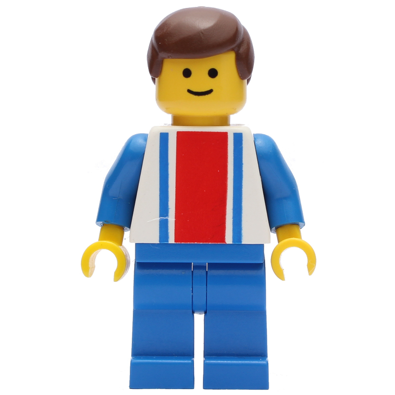 Homme, haut blanc avec grande bande rouge et 2 rayures bleues, jambes bleues, cheveux bruns (Man, White Top with Large Red Stripe and 2 Blue Stripes, Blue Legs, Brown Hair)