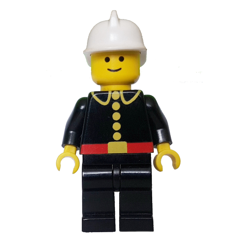 Pompier, classique, veste de pompier noire avec ceinture rouge et boutons, casque blanc (3626a tête) (Fireman, Classic, Black Fire Jacket with Red Belt and Buttons, White Helmet  (3626a Head))