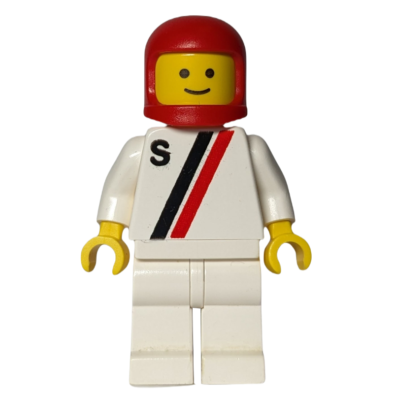 Pilote de course, chemise blanche à deux rayures et 'S', jambes blanches, casque rouge (Racer, White Shirt with Two Stripes and 'S', White Legs, Red Helmet)