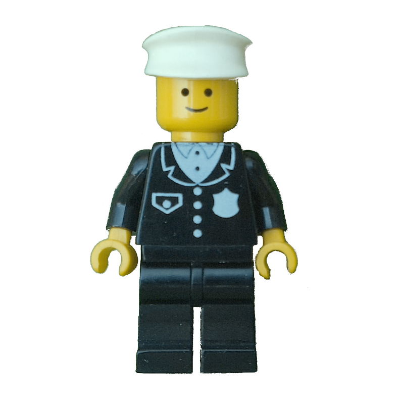 Policier, costume noir avec poche et badge, chapeau blanc (3626a tête) (Policeman, Black Suit with Pocket and Badge, White Hat (3626a Head))
