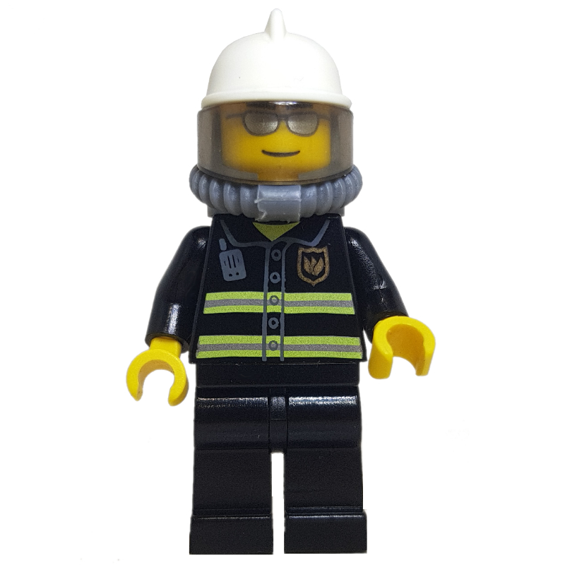 Pompier, veste de feu noir avec bandes réfléchissantes, radio et badge, casque blanc, appareil respiratoire, bouteilles d’air, lunettes de soleil argentées (Fireman, Black Fire Jacket with Reflective Stripes, Radio, and Badge, White Helmet, Breathing Apparatus, Airtanks, Silver Sunglasses)