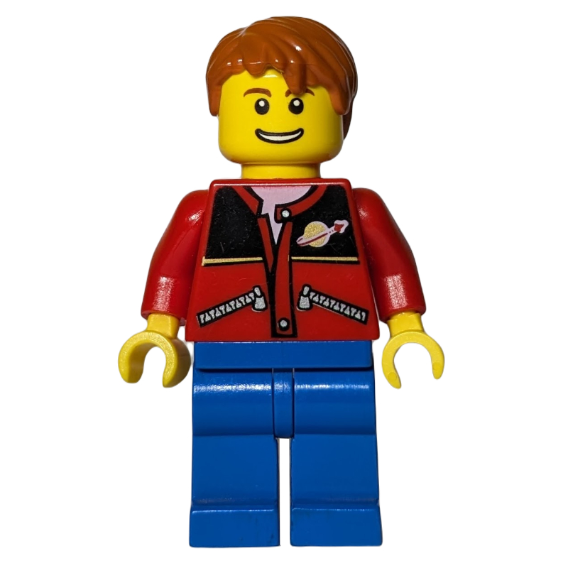 Homme, veste rouge avec logo de l'espace classique, cheveux orange foncé (Man, Red Jacket with Classic Space Logo, Dark Orange Hair)