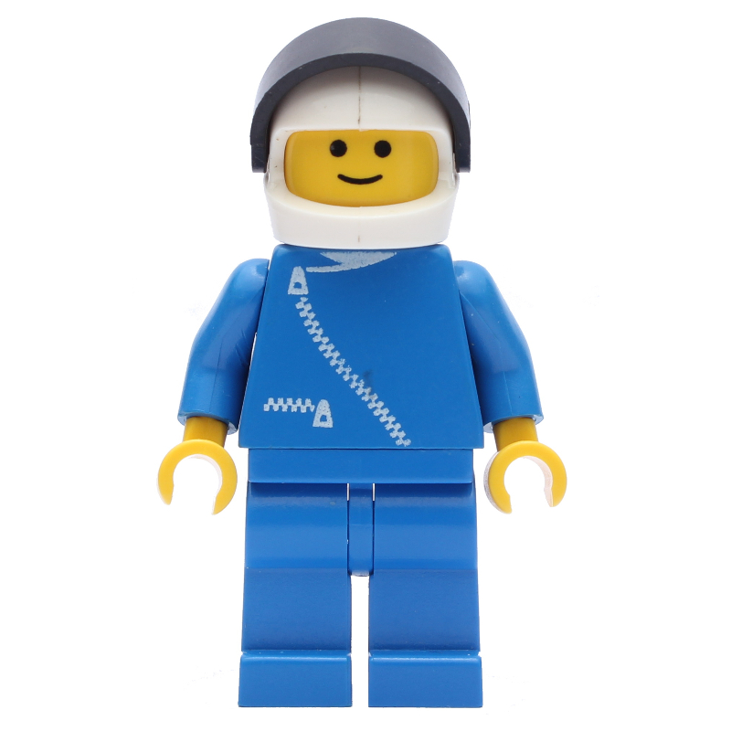 Pilote de course, veste bleue avec fermeture éclair, casque blanc avec visière (Racer, Blue Jacket with Zipper, White Helmet with Visor)