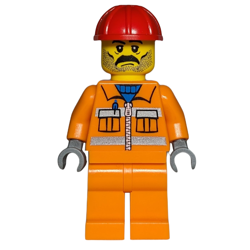 Ouvrier de chantier, veste orange avec fermeture éclair et bandes réfléchissantes, jambes orange, casque de chantier rouge, moustache et barbe naissante (Construction Worker, Orange Jacket with Zipper and Reflective Stripes, Orange Legs, Red Hard Hat, Moustache and Stubble)