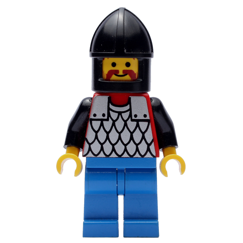 Chevalier (armure à écailles sur rouge) - bras noirs, jambes bleues, mentonnière noire (Knight (Scale Mail on Red) - Black Arms, Blue Legs, Black Chin-Guard)