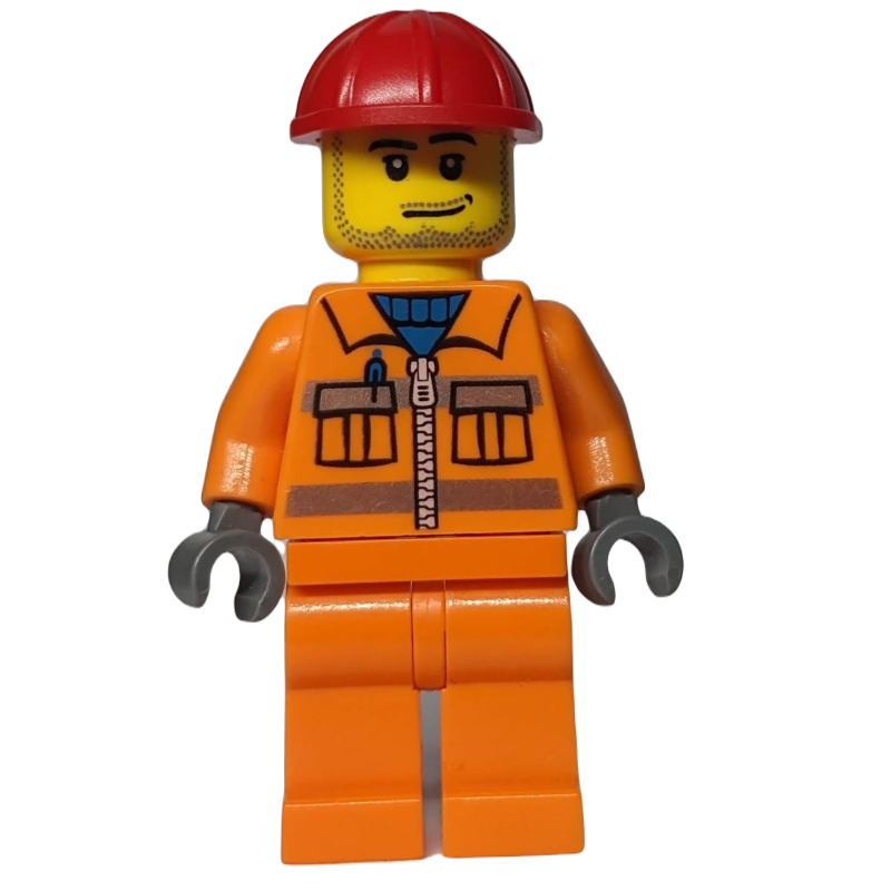 Travailleur de la construction en veste orange avec fermeture à glissière et rayures réfléchissantes, casque rouge, sourire en coin et barbe naissante (Construction Worker in Orange Jacket with Zipper and Reflective Stripes, Red Helmet, Smirk and Stubble Beard)
