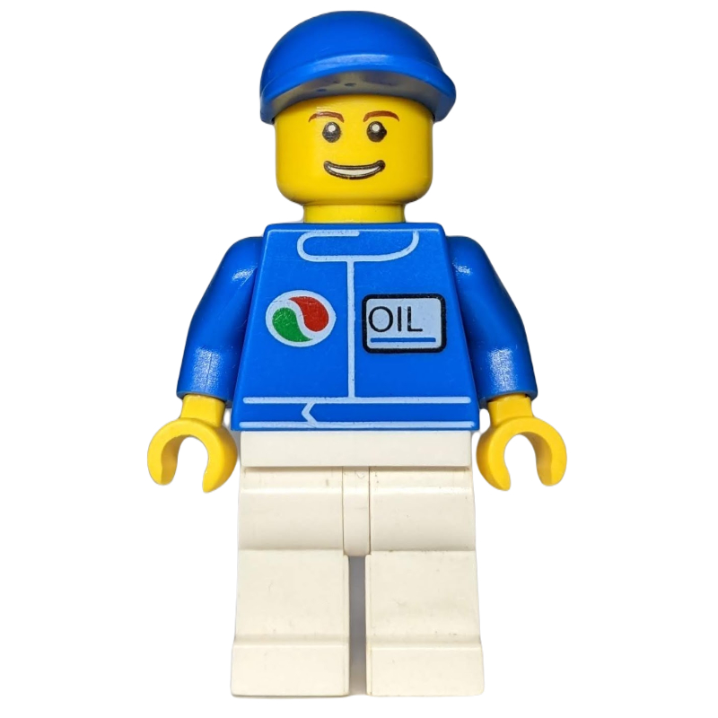 Homme, veste bleue avec logo Octan, jambes blanches, casquette bleue (Man, Blue Jacket with Octan Logo, White Legs, Blue Cap)