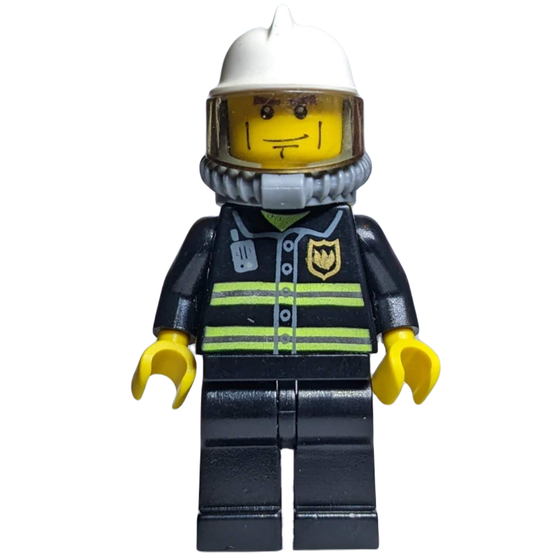 Pompier, veste de feu noir avec radio et badge, casque blanc, bouteilles d’air, appareil respiratoire (Fireman, Black Fire Jacket with Radio and Badge, White Helmet, Airtanks, Breathing Apparatus)
