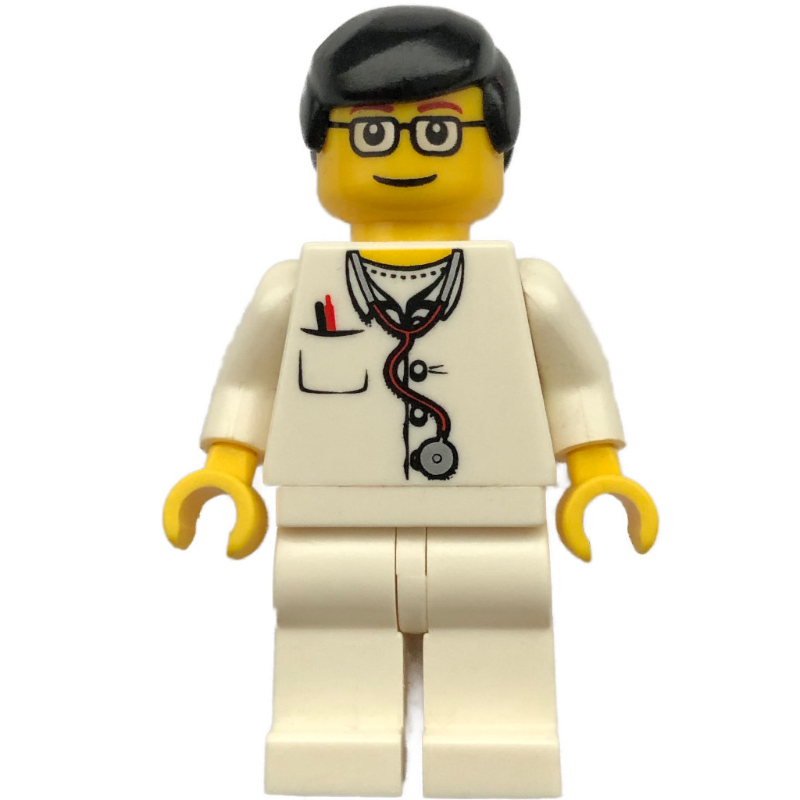 Médecin, torse blanc avec stéthoscope et poche, jambes blanches, cheveux noirs, lunettes (Doctor, White Torso with Stethoscope and Pocket, White Legs, Black Hair, Glasses)