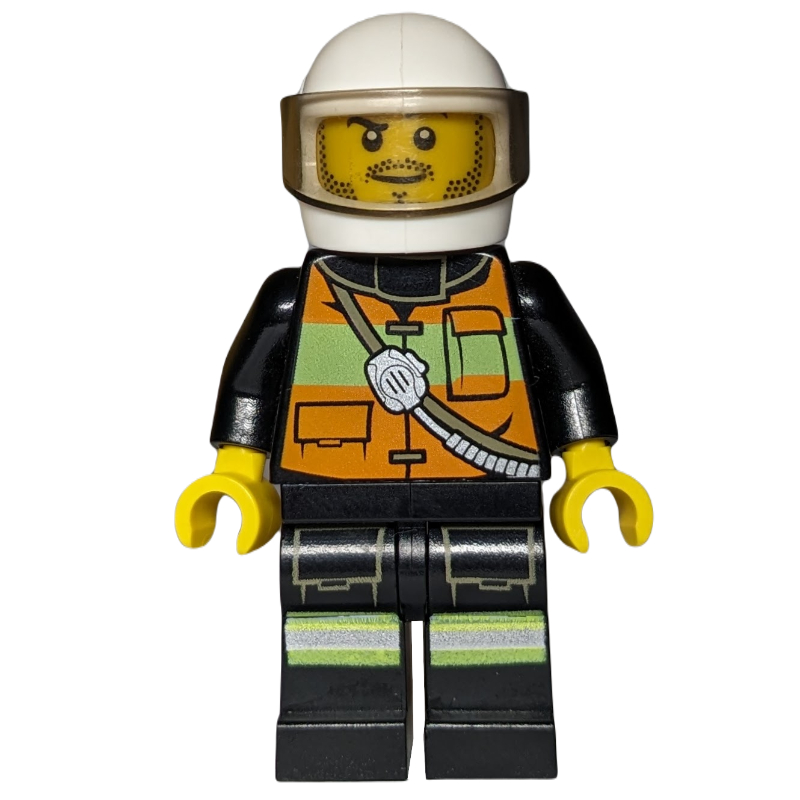 Pompier, gilet de sécurité orange avec radio, casque blanc avec visière, barbe naissante (Fireman, Orange Safety Vest with Radio, White Helmet with Visor, Stubble)