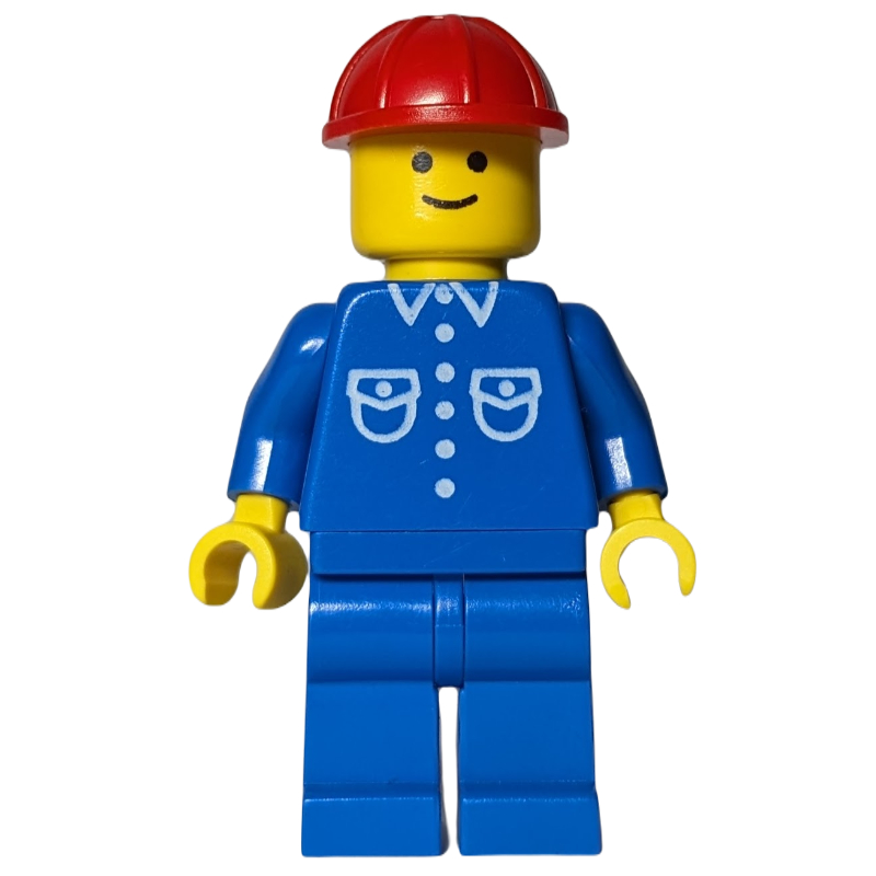 Homme, chemise bleue, jambes bleues, casque de chantier rouge (Man, Blue Shirt, Blue Legs, Red Hard Hat)