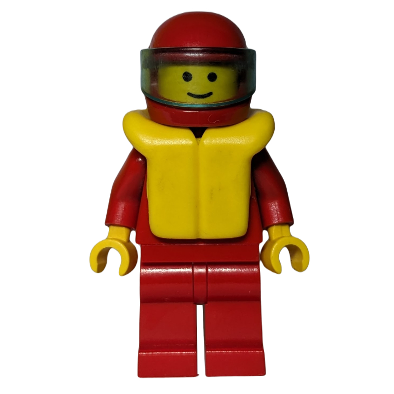 Homme, rouge uni, casque avec visière, gilet de sauvetage jaune (Man, Plain Red, Helmet with Visor, Yellow Life Vest)