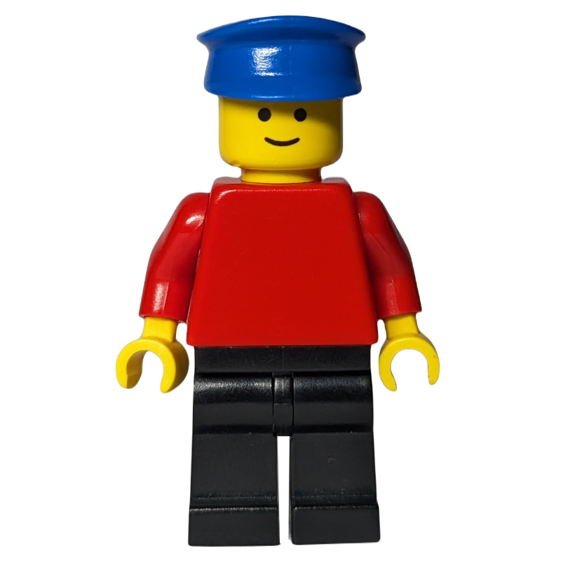 Homme, torse rouge uni, jambes noires, chapeau bleu (Man, Plain Red Torso, Black Legs, Blue Hat)